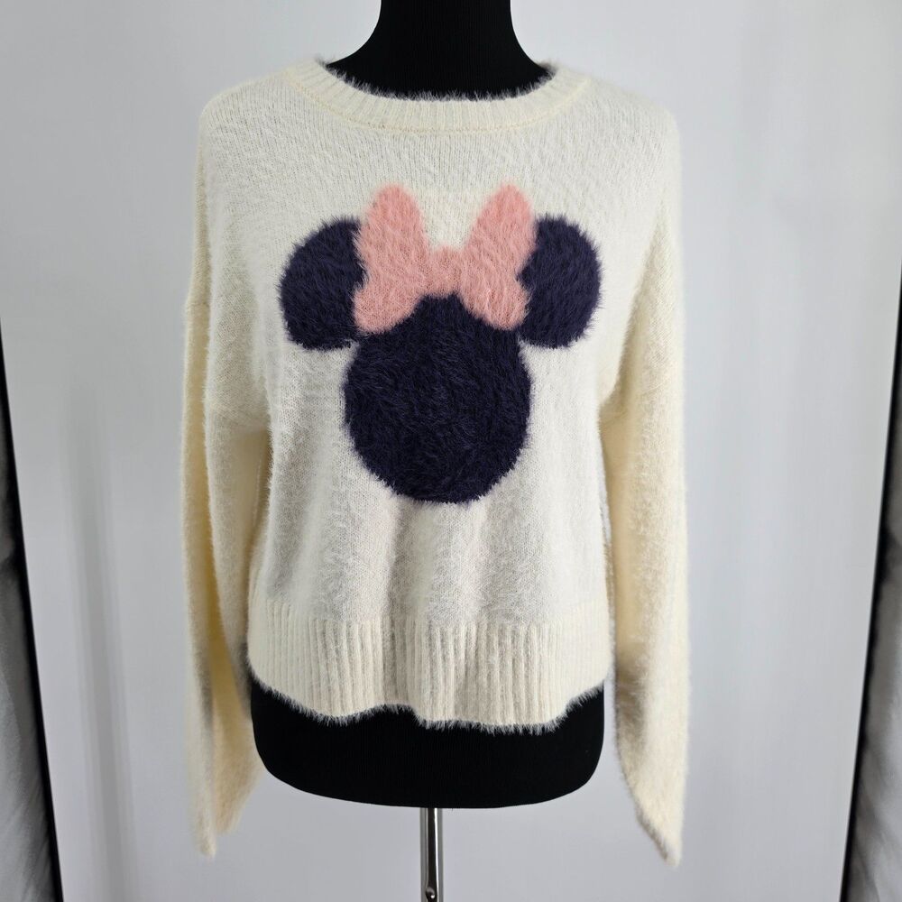 Macy's Disney Minnie Mouse Womens S Ivory Long Sleeve Crew Collar Soft Sweater
